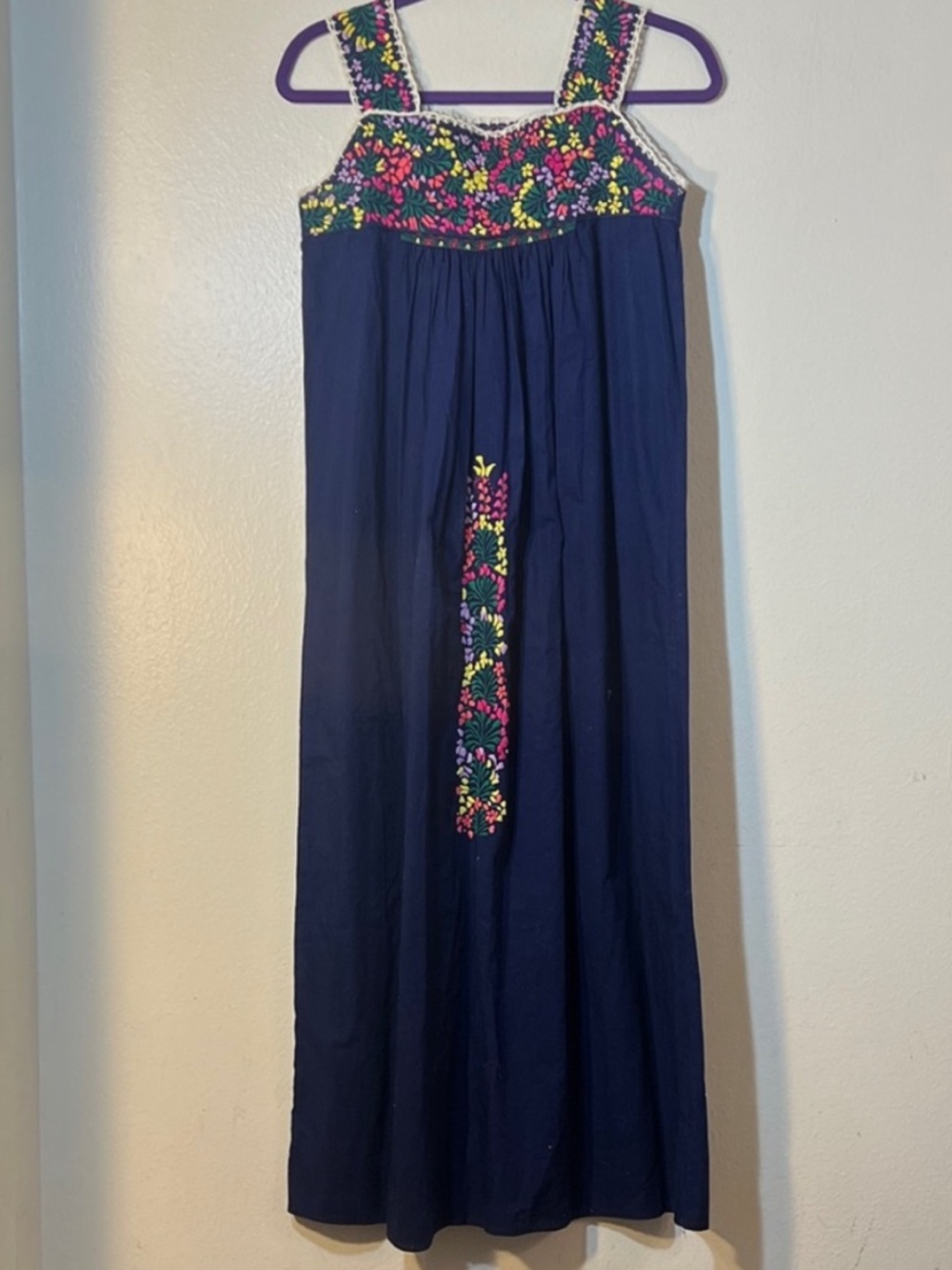 Navy Handmade Cotton Mexican Maxi Dress Colorful Floral Embroidery XS Boho